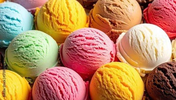Fototapeta Close-up of assorted ice cream scoops.  Colorful, textured ice cream balls in various shades of yellow, pink, light blue, and more.  A mix of flavors