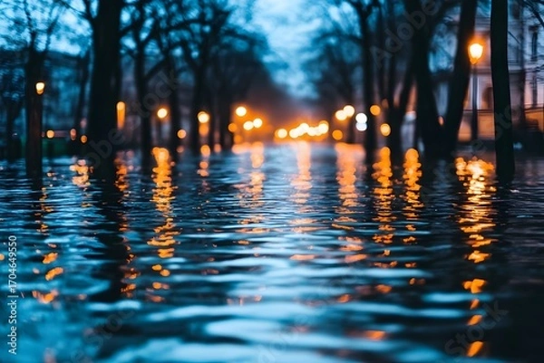 Obraz A dark and stormy night sky seen from a flooded street, with water reflecting the distant glow of city lights, creating a calm yet eerie mood. -