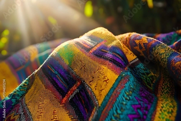 Obraz A colorful handwoven Ecuadorian poncho, with geometric patterns and vibrant hues, captured in soft light to showcase its texture.