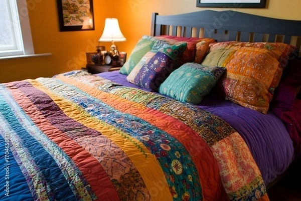 Obraz A colorful patchwork quilt with various traditional patterns folded neatly to show off its richness 