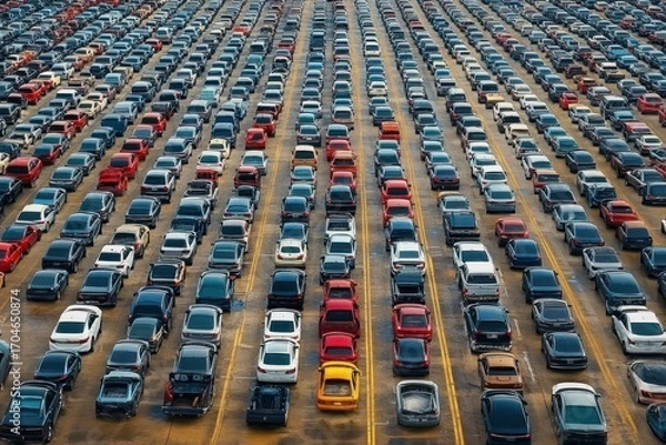 Fototapeta Aerial view of a large parking lot filled with countless neatly arranged cars in symmetrical rows featuring a variety of colors including a single standout yellow vehicle