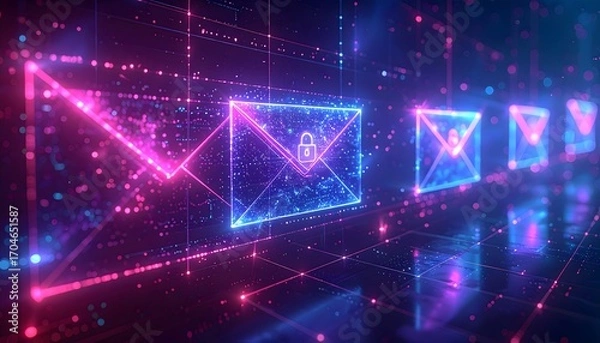 Fototapeta Glowing holographic email envelope icons with cybersecurity lock symbol