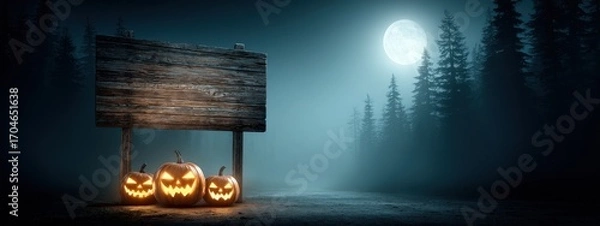 Fototapeta Dark Autumn Meadow with Glowing Jack Lanterns Under Full Moon