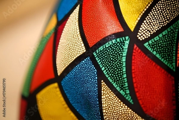 Obraz A close up of a traditional African wax print fabric with geometric patterns displayed under soft lighting to highlight