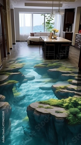 Fototapeta Immersive aquatic floor design transforming a modern living space into tranquil underwater sanctuary