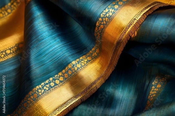 Obraz A beautiful Indian hand embroidered sari fabric with gold thread detailing and rich color draped over a wooden frame 