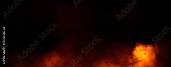 Fototapeta Panoramic view fire smoke, fog on isolated black background, creating a mysterious and backdrop, creating a dreamy, atmospheric effect for artistic