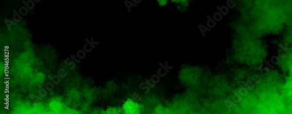 Fototapeta Panoramic view fire green smoke, fog on isolated black background, creating a mysterious and backdrop, creating a dreamy, atmospheric effect for artistic