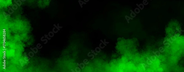 Fototapeta Panoramic view fire green smoke, fog on isolated black background, creating a mysterious and backdrop, creating a dreamy, atmospheric effect for artistic