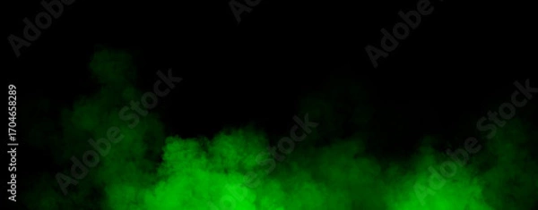Fototapeta Panoramic view fire green smoke, fog on isolated black background, creating a mysterious and backdrop, creating a dreamy, atmospheric effect for artistic