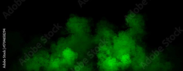 Fototapeta Panoramic view fire green smoke, fog on isolated black background, creating a mysterious and backdrop, creating a dreamy, atmospheric effect for artistic