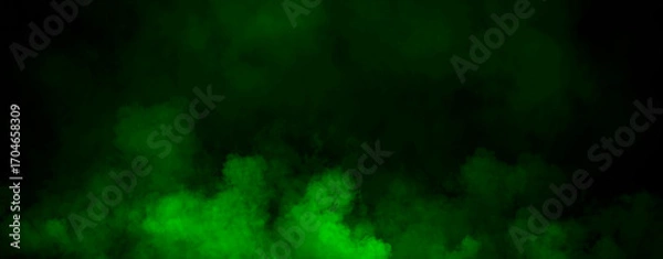 Fototapeta Panoramic view fire green smoke, fog on isolated black background, creating a mysterious and backdrop, creating a dreamy, atmospheric effect for artistic