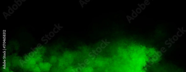 Fototapeta Panoramic view fire green smoke, fog on isolated black background, creating a mysterious and backdrop, creating a dreamy, atmospheric effect for artistic