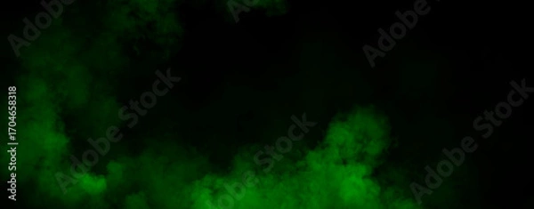 Fototapeta Panoramic view fire green smoke, fog on isolated black background, creating a mysterious and backdrop, creating a dreamy, atmospheric effect for artistic