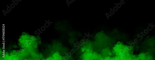 Fototapeta Panoramic view fire green smoke, fog on isolated black background, creating a mysterious and backdrop, creating a dreamy, atmospheric effect for artistic