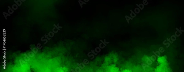 Fototapeta Panoramic view fire green smoke, fog on isolated black background, creating a mysterious and backdrop, creating a dreamy, atmospheric effect for artistic