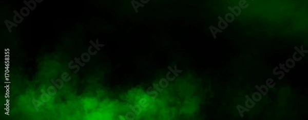 Fototapeta Panoramic view fire green smoke, fog on isolated black background, creating a mysterious and backdrop, creating a dreamy, atmospheric effect for artistic
