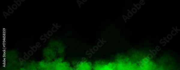 Fototapeta Panoramic view fire green smoke, fog on isolated black background, creating a mysterious and backdrop, creating a dreamy, atmospheric effect for artistic