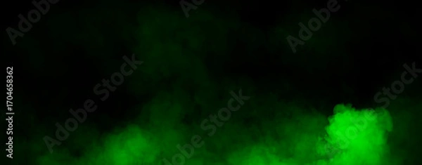 Fototapeta Panoramic view fire green smoke, fog on isolated black background, creating a mysterious and backdrop, creating a dreamy, atmospheric effect for artistic