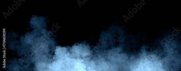 Fototapeta Panoramic view fire blue smoke, fog on isolated black background, creating a mysterious and backdrop, creating a dreamy, atmospheric effect for artistic