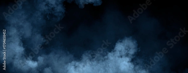 Fototapeta Panoramic view fire blue smoke, fog on isolated black background, creating a mysterious and backdrop, creating a dreamy, atmospheric effect for artistic