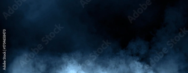 Fototapeta Panoramic view fire blue smoke, fog on isolated black background, creating a mysterious and backdrop, creating a dreamy, atmospheric effect for artistic