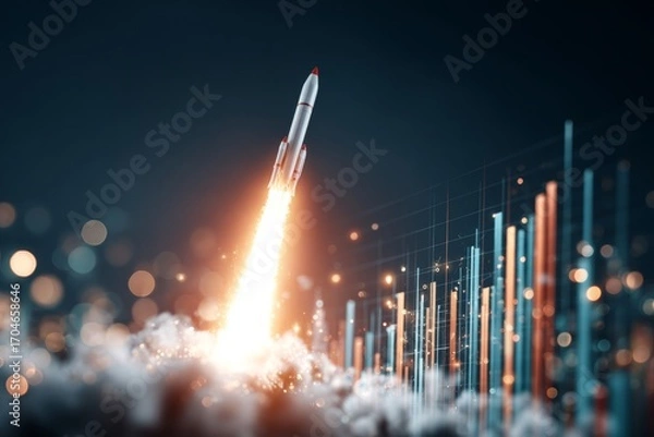 Fototapeta Majestic rocket ascends amidst the twilight hues, carving through the night sky. Profit margin. Dusk rocket launch with a glorious glow and a majestic blue backdrop. Market analysis.