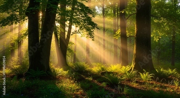 Fototapeta Sunbeams illuminate a lush forest floor with vibrant green ferns and mossy trees