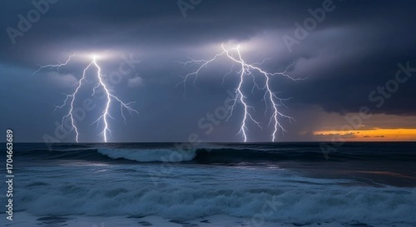 Fototapeta Electric lightning strikes illuminate dark stormy clouds over crashing ocean waves at twilight