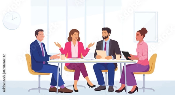 Fototapeta Diverse business team collaborating enthusiastically in a modern meeting room, discussing ideas and projects.