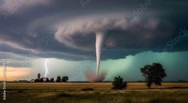 Fototapeta A powerful tornado descends from a dark storm cloud over a rural landscape with lightning strikes and a distant farm