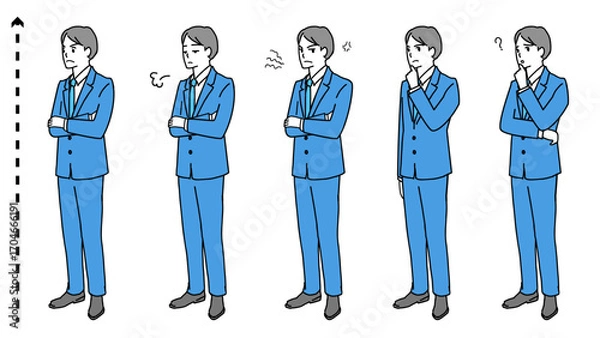 Obraz 悩んでいる表情の若いビジネスマンの全身イラストセット