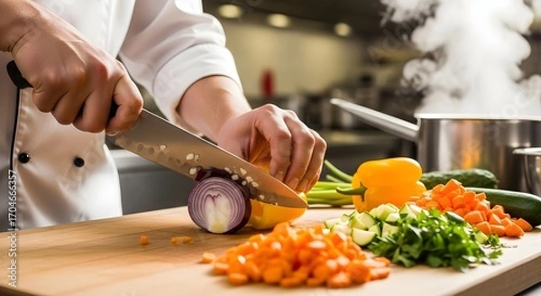 Fototapeta Chef's hands chopping red onion and preparing fresh vegetables on a wooden cutting board with steaming pots in