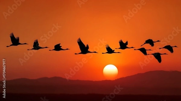Fototapeta A flock of birds in silhouette flies across a vibrant orange sunset sky over distant hills at dusk