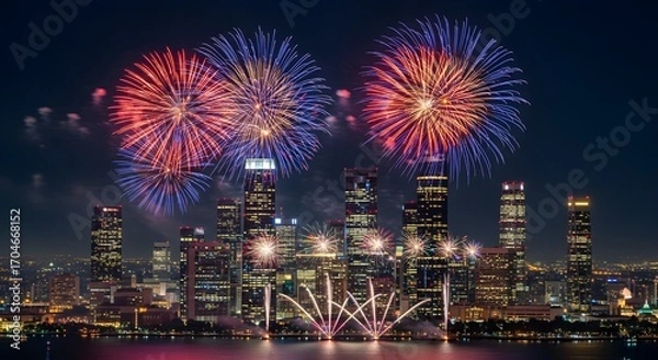 Fototapeta Vivid fireworks explode above a modern city skyline at night with reflections on the water