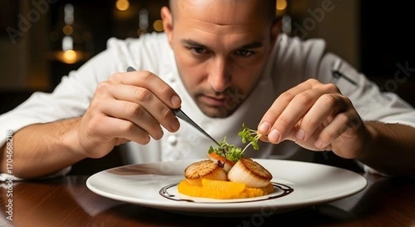 Fototapeta Chef delicately garnishing a plate of seared scallops with fresh microgreens