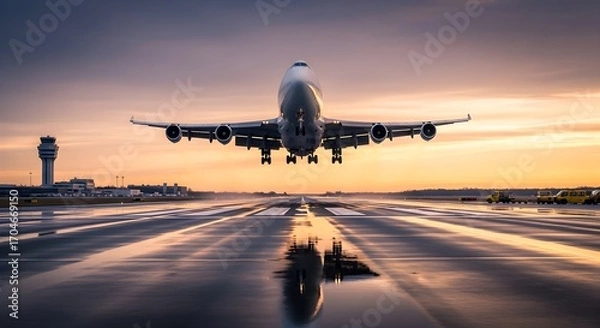 Fototapeta Jumbo jet aircraft taking off from a wet runway at sunset with reflection