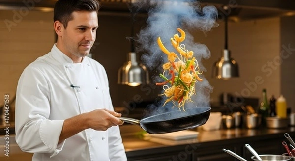 Fototapeta Chef prepares seafood stir fry with noodles vegetables and spices tossed in a pan with steam