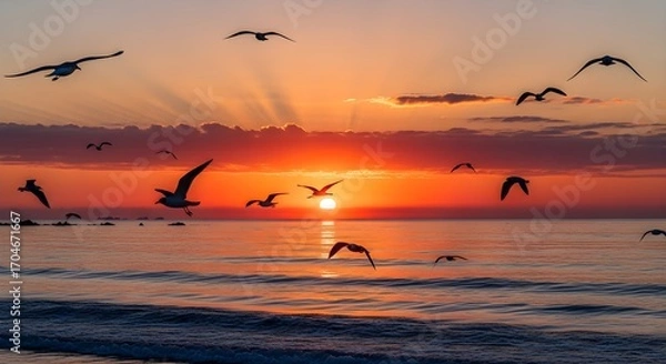 Fototapeta Flock of seagulls flying over the ocean at vibrant sunset with sun rays