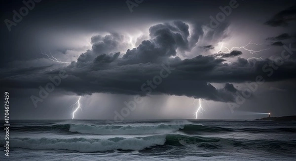 Fototapeta Dramatic lightning strikes illuminate a stormy sea with crashing waves and a distant lighthouse
