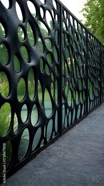 Fototapeta Intricate metalwork fence with organic cell-like pattern creating a modern architectural feature