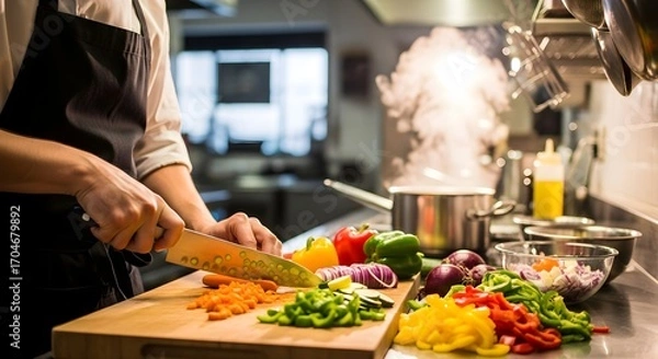 Fototapeta Chef hands chopping colorful vegetables on a wooden board in a steaming kitchen