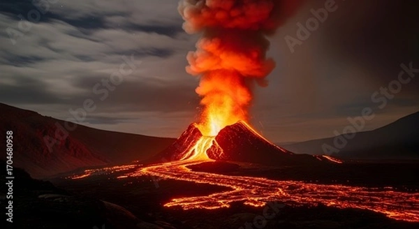 Fototapeta Active volcano erupting at night spewing lava and ash under a cloudy sky
