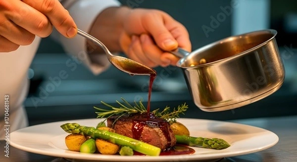 Fototapeta Chef plating a gourmet steak dish with asparagus potatoes and a rosemary garnish drizzling sauce