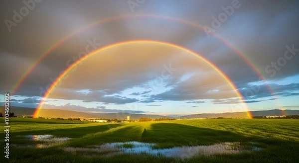 Fototapeta Double rainbow arcs over a green field with puddles and distant mountains under a dramatic cloudy sky
