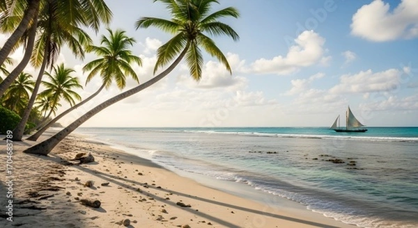 Fototapeta Tropical beach with leaning palm trees and a sailboat on turquoise water under a cloudy sky