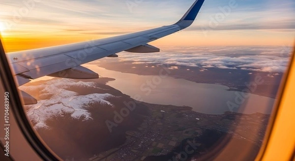 Fototapeta Aerial view from airplane window shows wing over snowy mountains calm lake and clouds at sunset