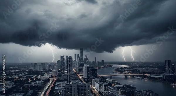 Fototapeta Dramatic dark storm clouds hover over a city skyline with lightning strikes illuminating the sky