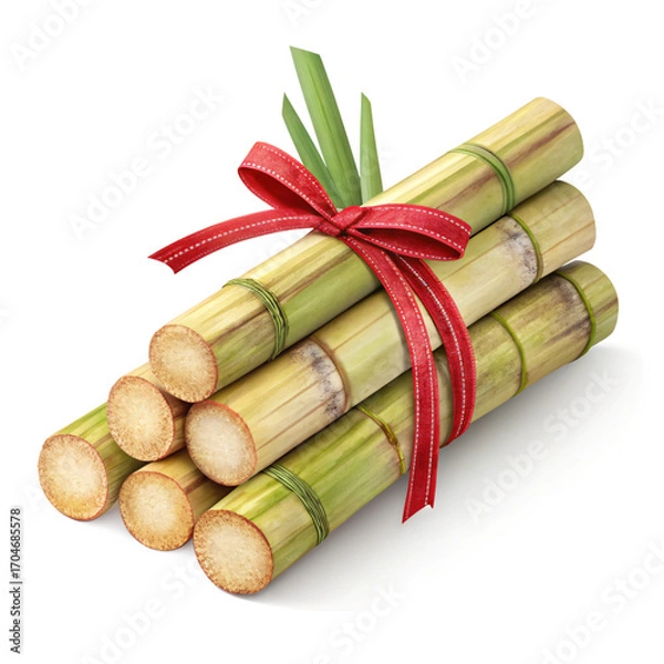Fototapeta Sugarcane bundle with a ribbon: A close-up shot of a bundle of fresh sugarcane, tied with a festive ribbon. Perfect for illustrating agricultural concepts, the culinary world, and eco-friendly themes.