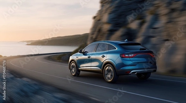 Fototapeta Blue car speeding along a stunning coastal road, basking in the warm hues of sunset, creating a sense of adventure and freedom